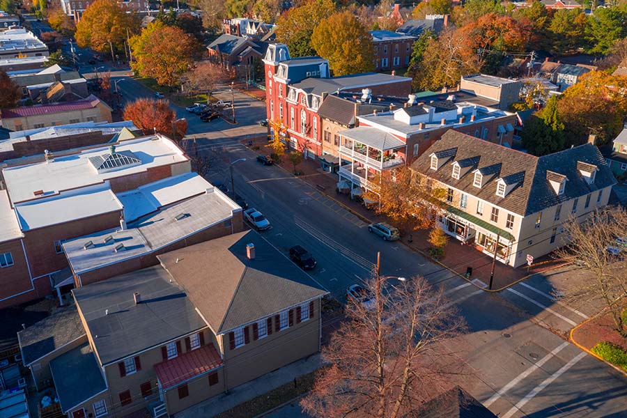 West Plains MO - View of Downtown Buildings and Homes in West Plains Missouri During the Fall